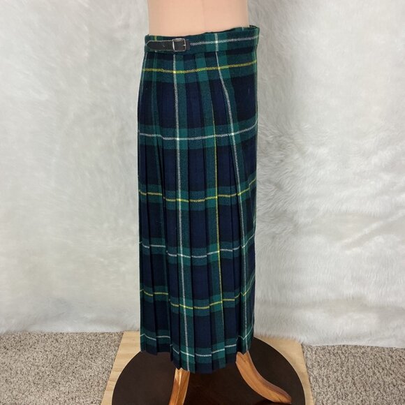 Vintage 80s Green Blue Tartan Plaid Pleated Wool Midi Wrap Skirt Vintage Size 18 - Picture 5 of 7
